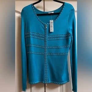 Cache Sweater Beautiful Rayon/Lycra Blend in Blue. Size Large